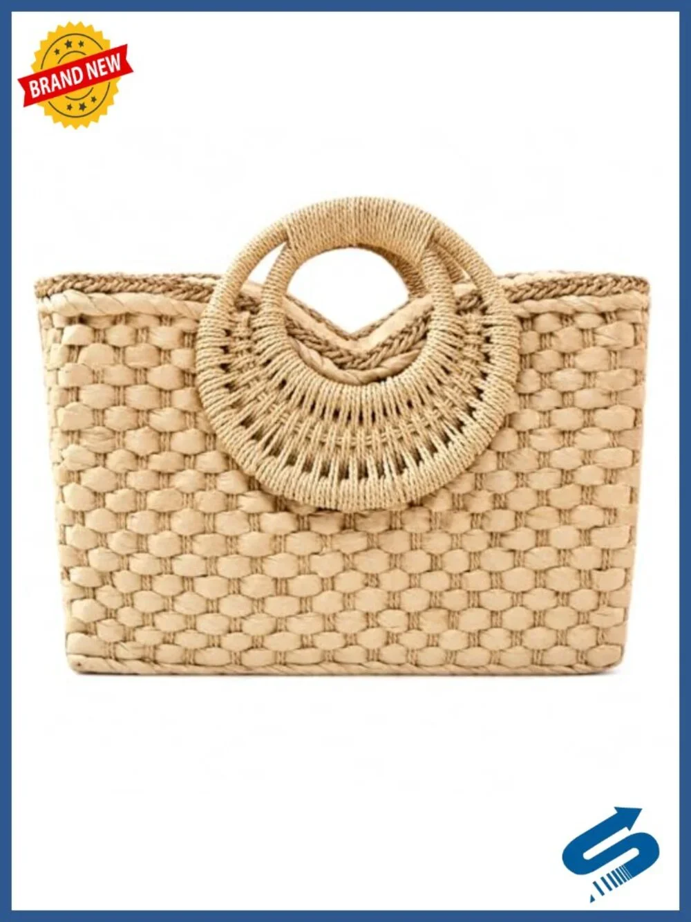 Hand-woven Straw Bag Summer Beach Tote Retro Rattan Clutch with Wood Handle